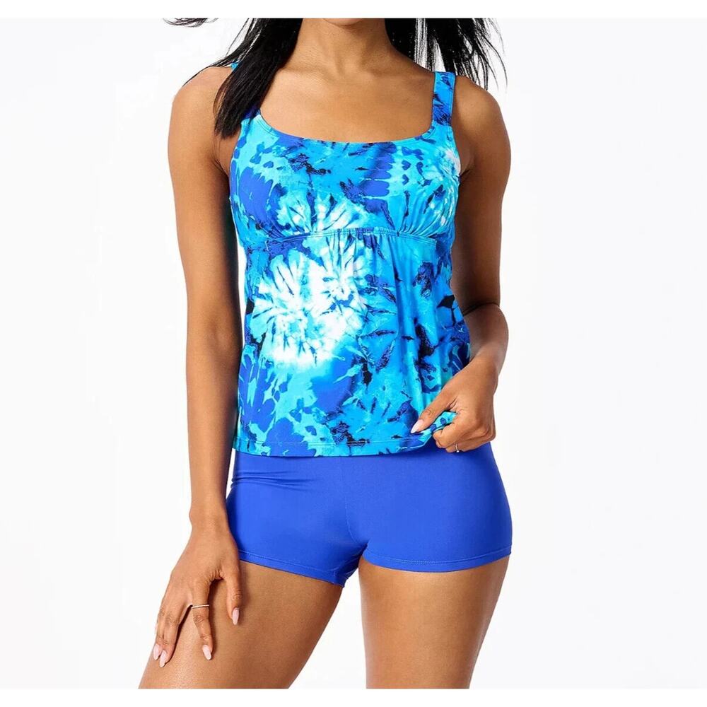 Kim Gravel x Swimsuit For All Womens Blue Tie Dye Padded Tankini Shorts Size 14